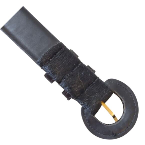 TAROX Black Hide Leather & Fur Belt Size L Minimalist Simple Statement Piece - Picture 7 of 10